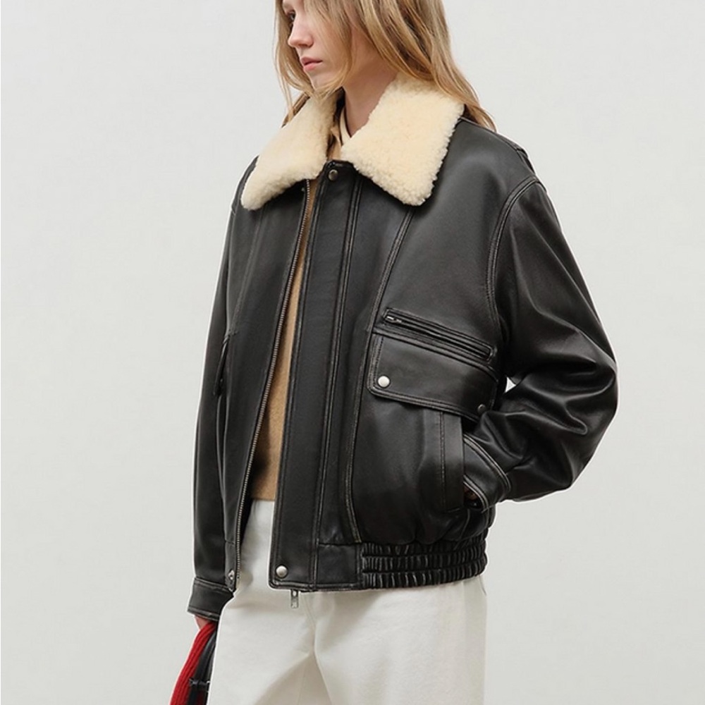 Dunst Aviator Leather Jacket with Removable Shearling Color in Brushed Black